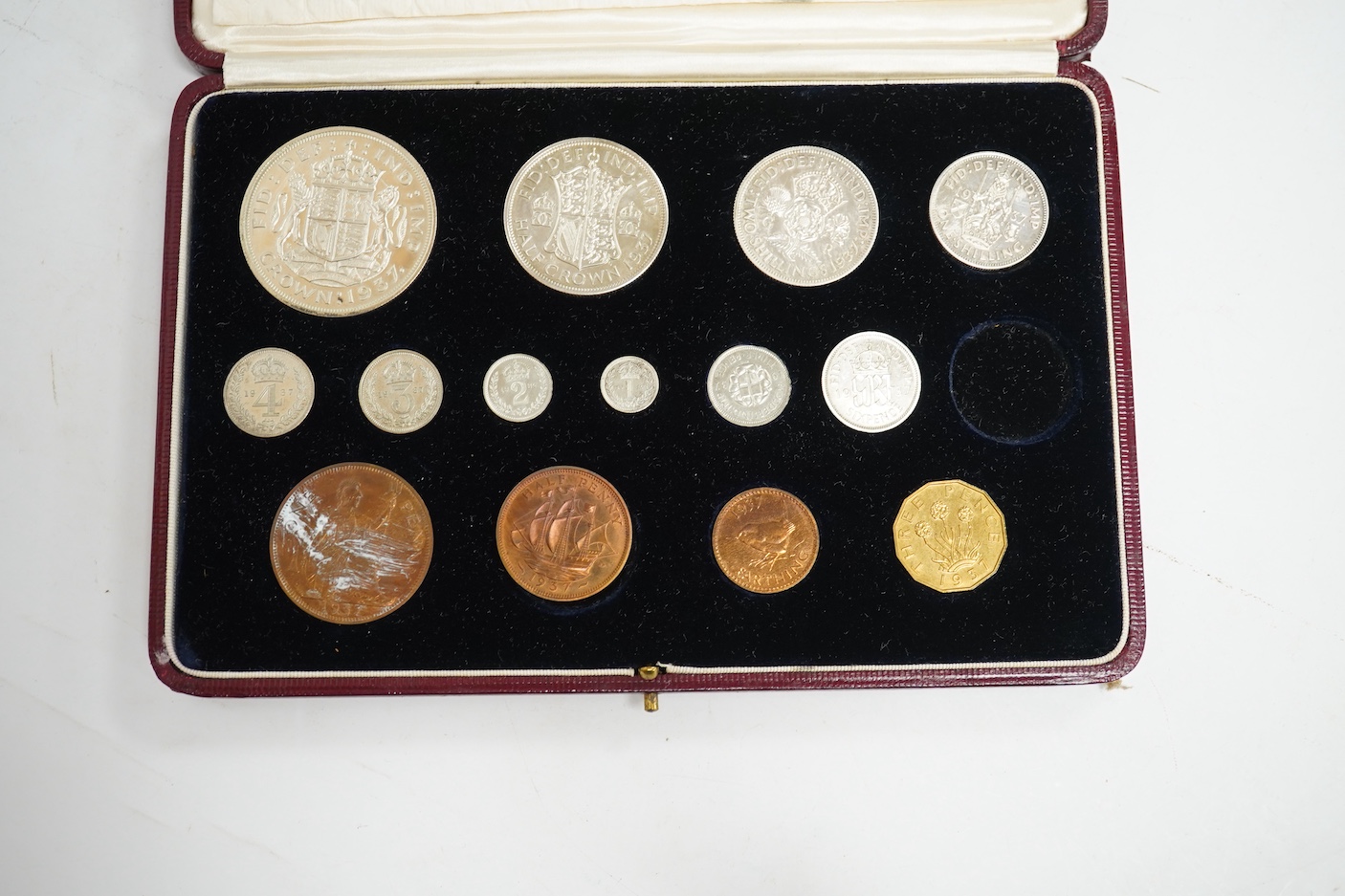 British coins, George VI, specimen coronation coin set, 1937, comprising farthing to crown, Maundy 1d - 4d (14 of 15, one shilling lacking), white residue to some coins otherwise proof like UNC